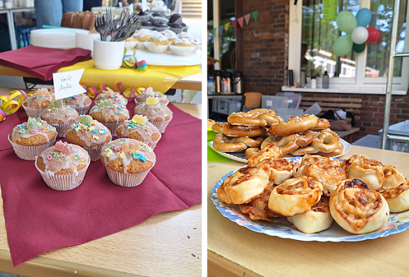 Zwei Bilder: links Muffins mit hellem Zuckerguss, rechts Pizzaschnecken