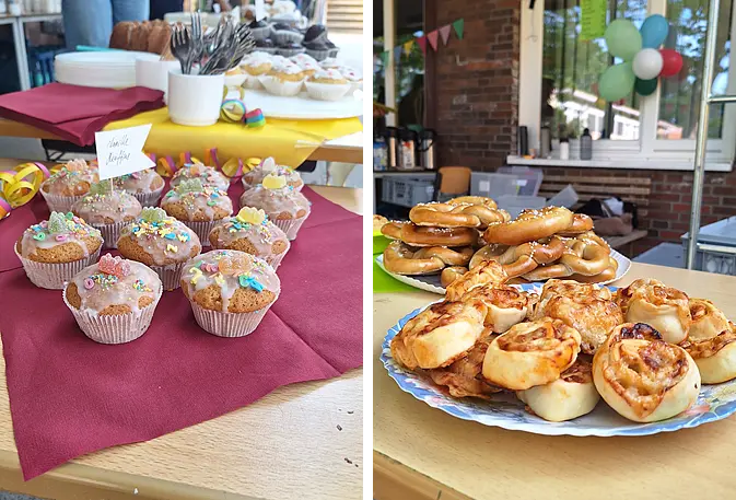 Zwei Bilder: links Muffins mit hellem Zuckerguss, rechts Pizzaschnecken