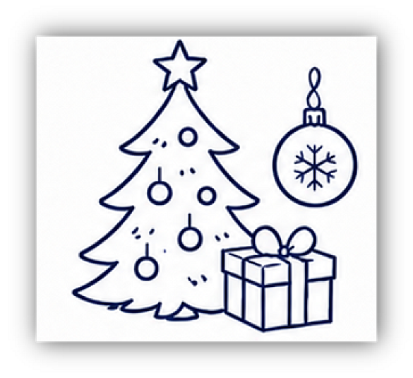 Weihnachtsbaum mit Christbaumkugeln, davor ein Geschenk