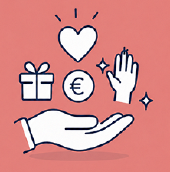 Hand, die verschiedene Gaben hält (Geld, Geschenk, Herz, helfende Hand)