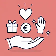 Hand, die verschiedene Gaben hält (Geld, Geschenk, Herz, helfende Hand)