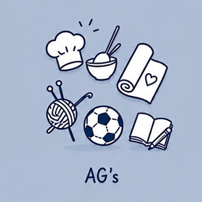 verschiedene Icons: Kochmütze und Rührschüssel, Zeichenrolle, Fußball, Wollkneul, Buch und Stift