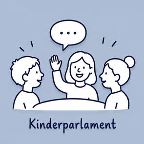 3 Kinder sitzen um einen runden Tisch, sie sprechen miteinander