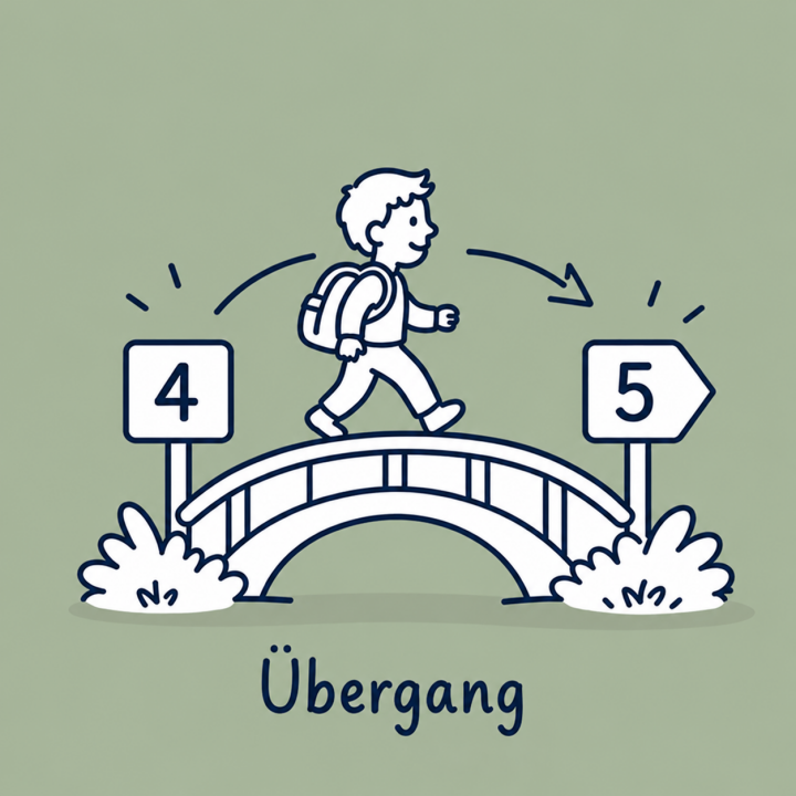 Kind läuft über eine Brücke. Hinter sich ein Schild mit 4, vor sich ein Schild mit 5